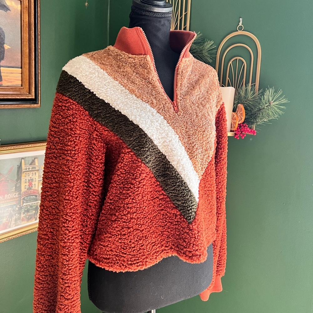 Multi-colored cropped Sherpa quarter zip jacket